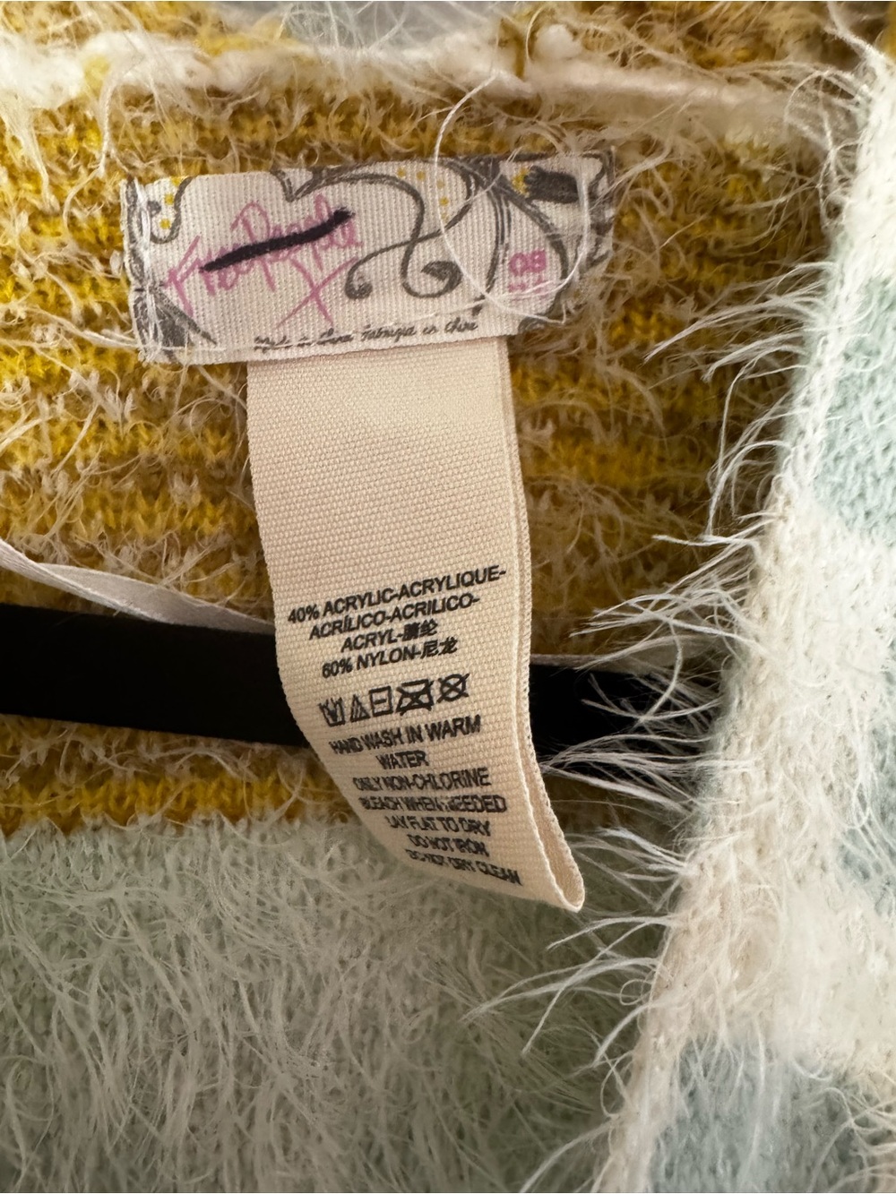 Free People Blue Cream and Tan Fuzzy Poncho with Fringe - Size OS - Picture 3 of 4